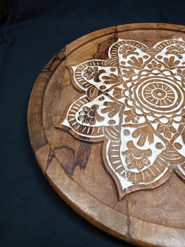 16" Carved Wooden Lazy Susan Turntable With White Mandala Design - Picture 5 of 10