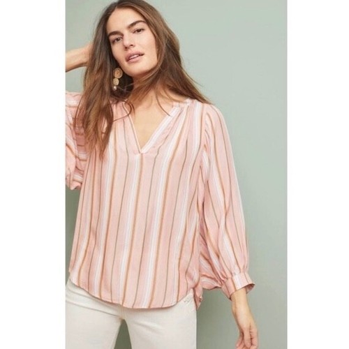 NWT!! Anthropologie Brenda Peasant Top Blouse Pink Stripes Retro Pullover Medium - Picture 4 of 14