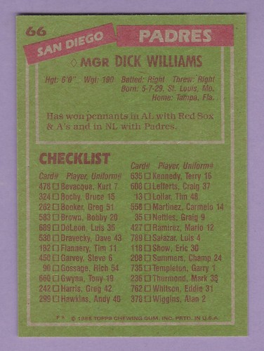 1985 Topps #066, Padres Manager / Dick Williams, MINT, well centered - Foto 2 di 2
