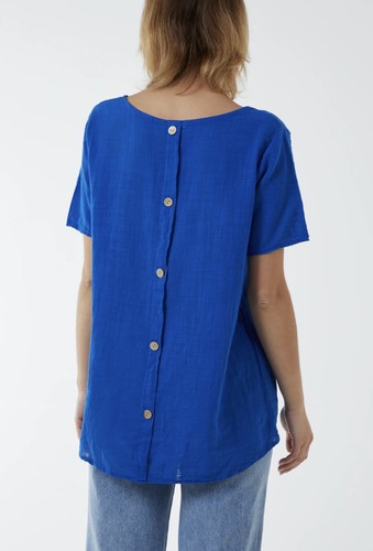 New Ladies Womens Linen Look Italian Button Back Top Light Weight T-Shirt - Picture 36 of 36