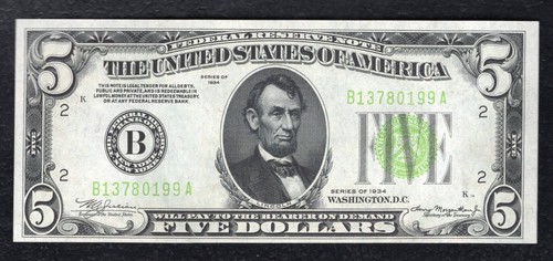 FR. 1955-B 1934 $5 LIGHT GREEN SEAL FRN FEDERAL RESERVE NOTE NEW YORK, NY UNC - Picture 1 of 2