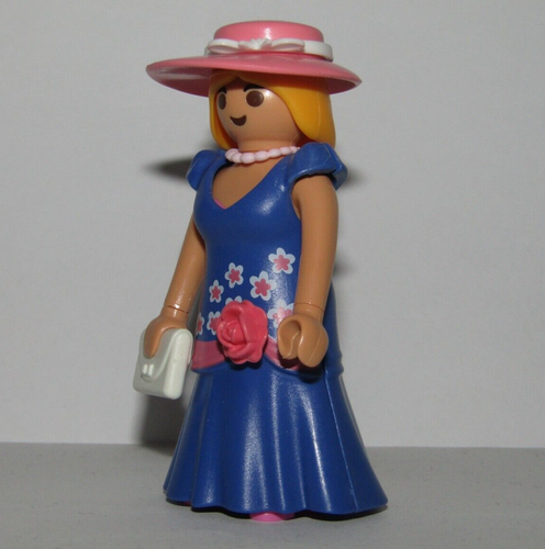 Playmobil Lady w/ Snap-On Clothing Outfit Blue Dress pink rose & white bag - C35 - Picture 3 of 4