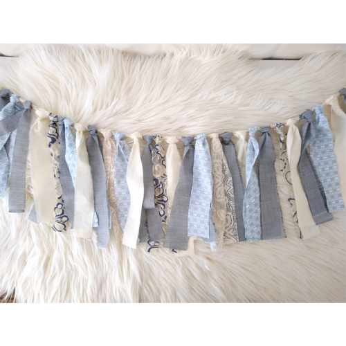 Guirnalda de tela azul trapo BUNTING playa decoración de pared country boho fiesta telón de fondo 41" - Imagen 5 de 8