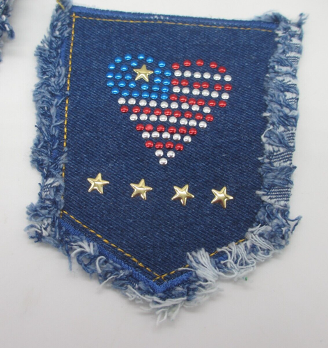 NOS Denim Patch Appliques American Flag Heart Stars Stud Design - 12 Pieces - Picture 3 of 4