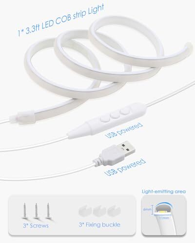 5V USB COB LED Light Strip with Dimmer 3.3FT Daylight White LED Rope Lights - Picture 7 of 7