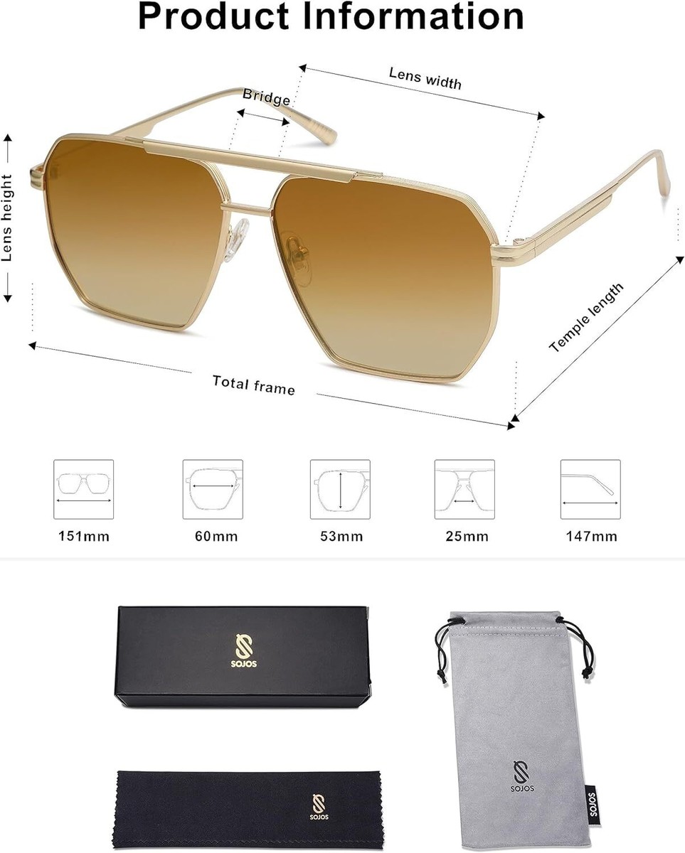 SOJOS Retro Oversized Square Polarized Sunglasses Shiny Gold  display picture 3