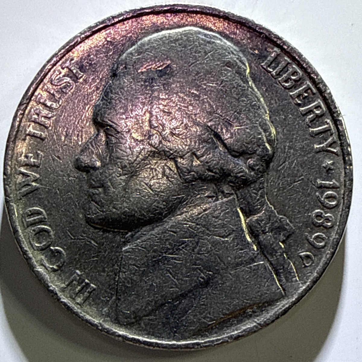 アメリカ1989-D ジェファーソン ニッケル 1989 D Jefferson Nickel Mint Mark Error & Tilted Collar