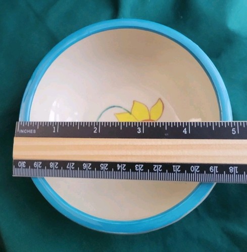 studio pottery bowl signed Bold Yellow/ Orange Flowers W/ Leaves Blue Trim 5" - Picture 8 of 10