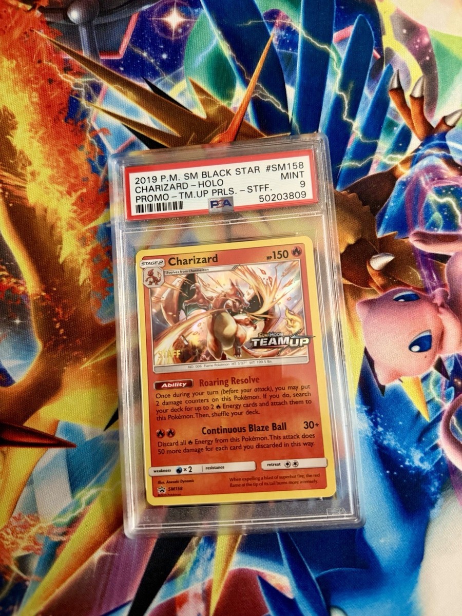 Pokemon Charizard Team Up STAFF Prerelease Holo Promo SM158 PSA 9