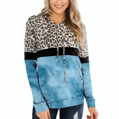 Long Sleeve Pullover Hoodie Leopard Print Tie Dye Stitching Design Women's H BST - Picture 6 of 6
