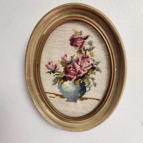 VTG Oval Floral Rose Needlepoint 6.5" x 8.5" Framed Picture Flowers Hand Crafted
