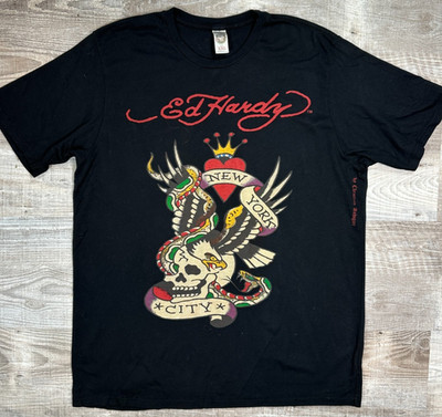 Ed Hardy Rhinestone New York City T-Shirt Black Eagle Skull Snake Audigier XXL