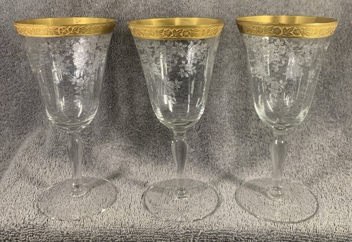 Vintage etched glass gold trim wine glasses Set Of 3 As Shown