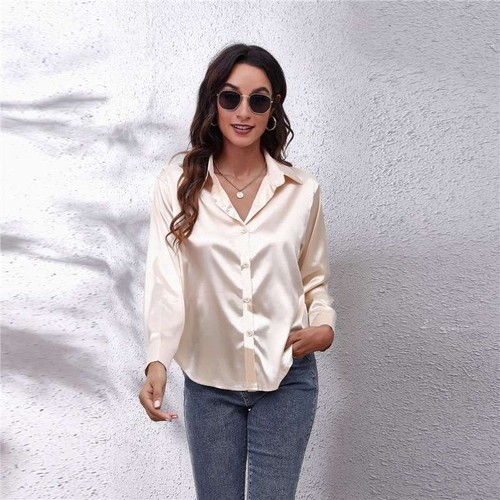 Women's Silk Tops Office Ladies Tops Blouse Button Lapel Shirts Satin - Picture 5 of 18