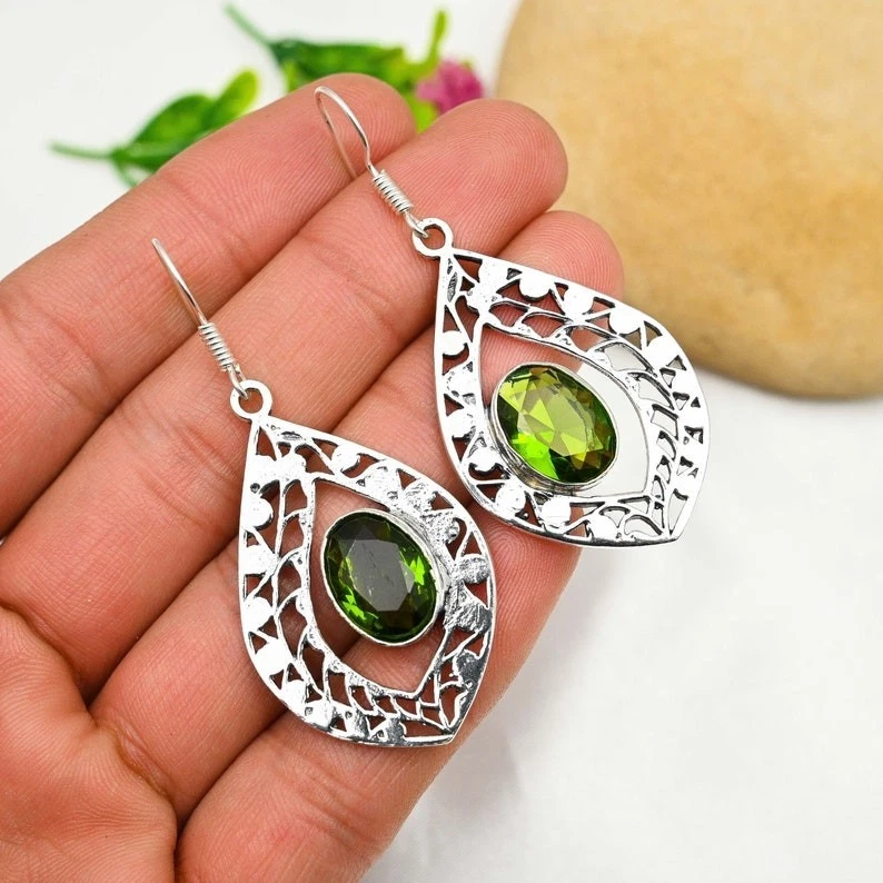 Paraiba Peridot Gemstone Handmade 925 Sterling Silver Jewelry Earring Size-1.75" - Image 3 of 4