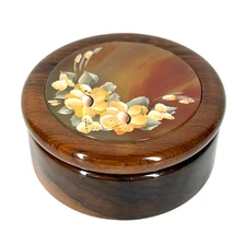 Vintage Walnut Wooden Trinket Box w/ Lid Hand Painted Floral Round Jewelry