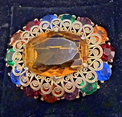 VINTAGE EARLY CZECH MULTI COLORED GLASS STONE BROOCH