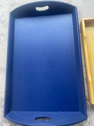 Vintage Wooden Trays Large Blue Painted Handles - Picture 2 of 9