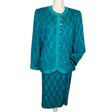 VTG Anne crimmins umi collections Skirt Suit 14 teal green Silk jacket blazer