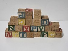 Vintage Lot of 23 Wood Alphabet Number Picture Children's Building Blocks Japan