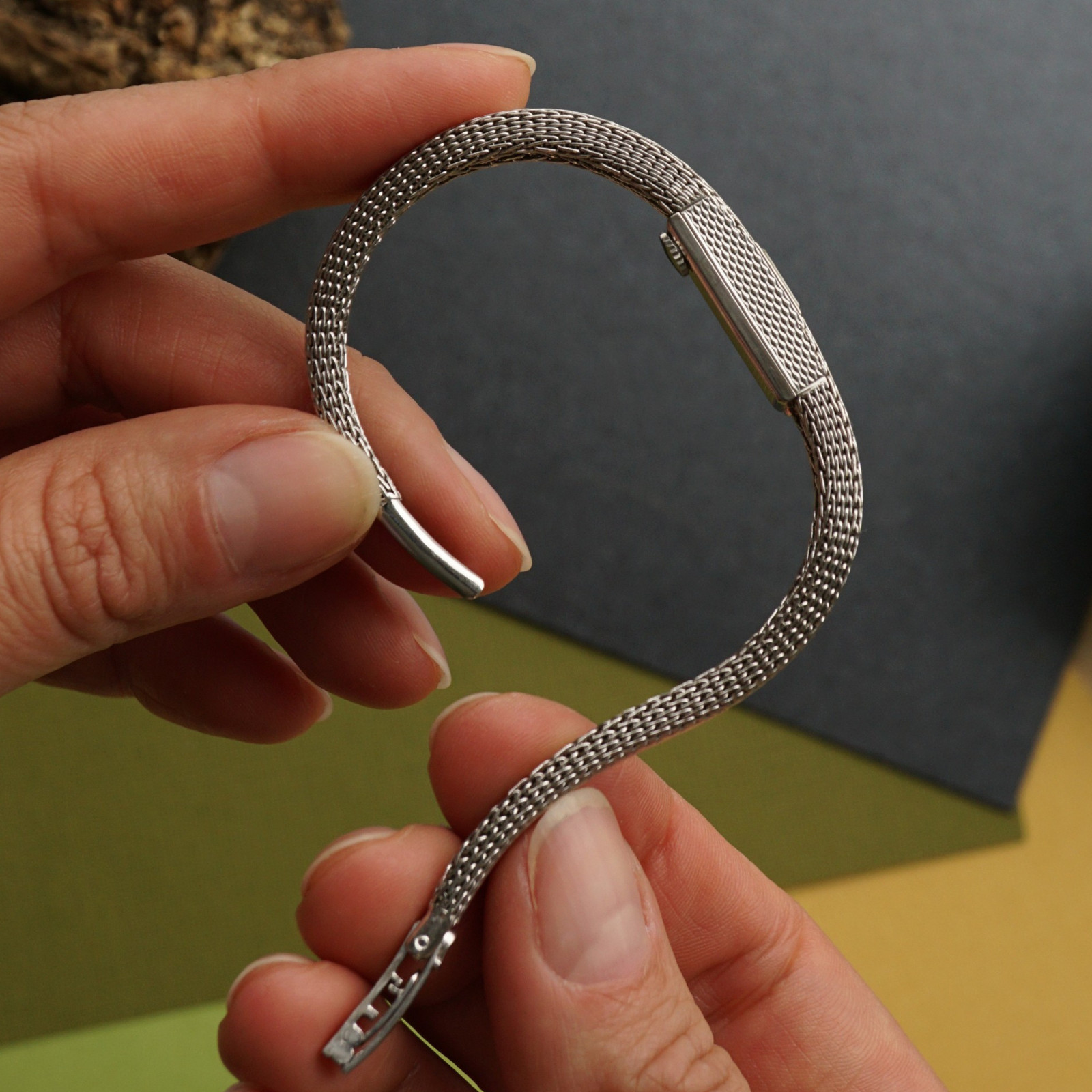 Omega Vintage 18k White Gold Woven Mesh Bracelet 8064 Backwind 1960s image 9