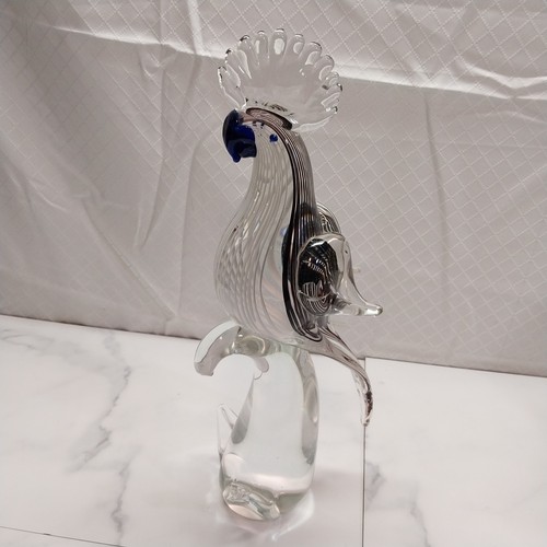 Cockatoo bird sculpture glass 16 inch clear blue white black