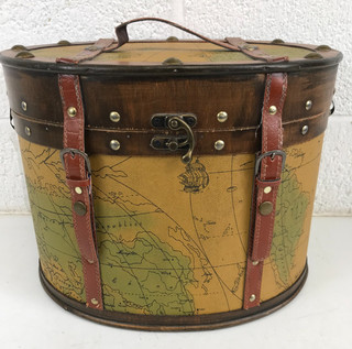 Vintage Large Wood/Leather Storage Box/ Hat Box Top Handle 15 x 12 x 11"
