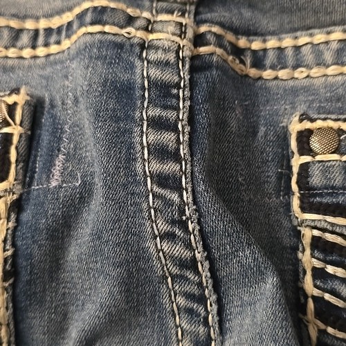 Vigoss Womens 12 Slim Boot Cut Jeans Blue Distressed Patched Crotch And Back - Picture 21 of 23