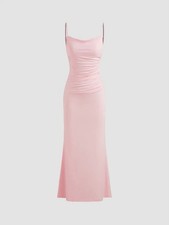 CIDER COWL NECK RUCHED BACKLESS MAXI DRESS Pink Lace Detail Prom Romance Size M