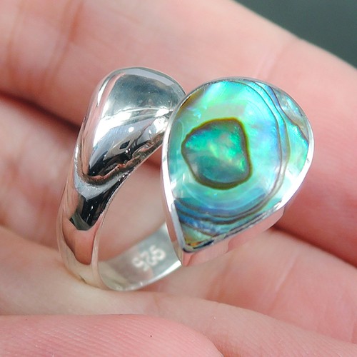 Anello in argento sterling 925 conchiglia Paua Abalone gioielli, misura M-UK, 6,5-USA - Foto 2 di 5