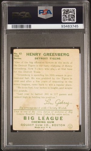 1934 Goudey #62 Henry Greenberg Detroit Tigers RC Rookie HOF PSA 1 PR - Picture 2 of 9