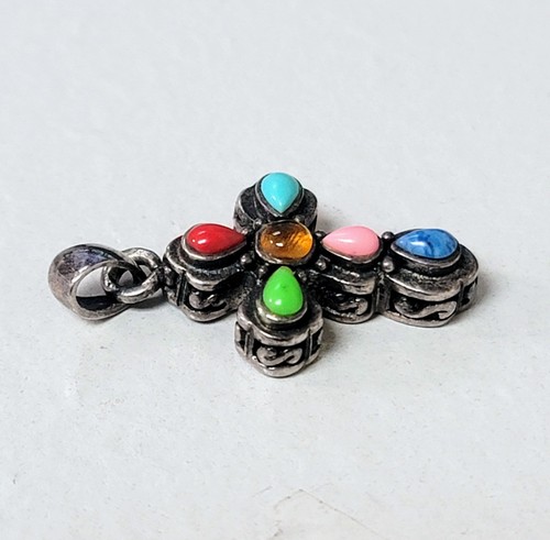 Vintage Silpada Petite Cross Pendant Multicolored Gemstones Sterling Silver 925 - Picture 4 of 4