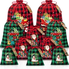 10 PCS Christmas Drawstring Gift Bags with Tags, Buffalo Plaid Xmas Gift Bag ...