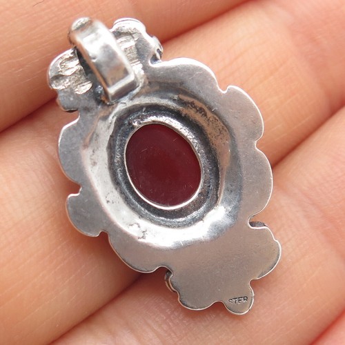 925 Sterling Silver Vintage Real Carnelian Floral Oxidized Pendant - Picture 2 of 6