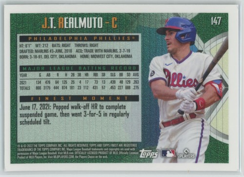 2022 Topps Finest Flashbacks J.T. Realmuto Phillies #147 - Picture 2 of 2