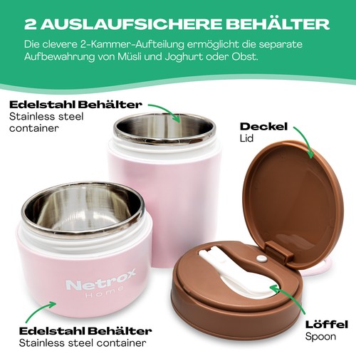 Müslibecher To Go Edelstahl Thermo Becher BPA-fre Müsli to-go Yoghurt Kinder - Bild 3 von 30