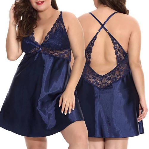 Übergröße sexy Damen Seide Satin Spitze Babydoll Dessous Damen Nachtwäsche Kleid - Bild 8 von 19
