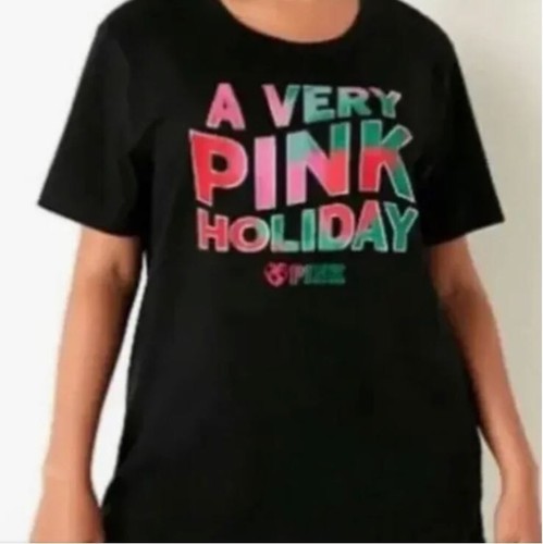 Victoria's Secret PINK A VERY PINK HOLIDAY Black PJ Sleep T-Shirt One Size NWT - Picture 6 of 9