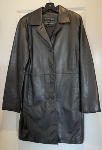 Kenneth Cole Leather Coat Women's Size M Black Mid- Length Button Front - Picture 7 of 9