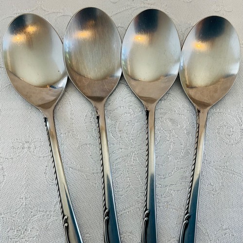 Noritake Stainless Rosetta (4) Oval Soup Spoons Japan Rose Design Good Cond. - Picture 3 of 7