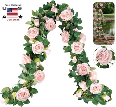 #ad Pink 7.5 Ft Garland Wall Silk Artificial Hanging Rose Flower Vine Wedding Decor $10.99