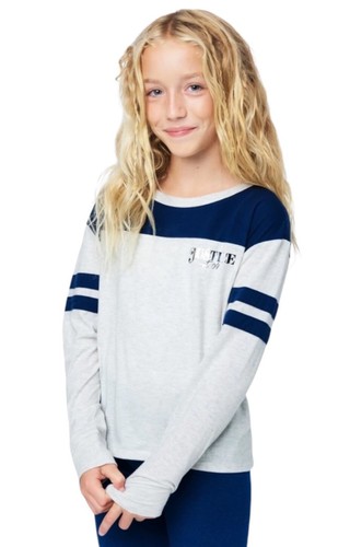 Justice Girls Top Blue 7/8 Pullover Long Sleeves Colorblock Shiny Silver Logo