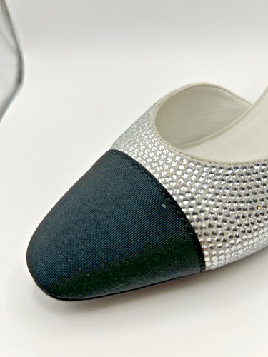 Chanel Strass Grosgrain Cap Toe CC Slingback Pumps Size 7 Silver Black - Picture 11 of 22
