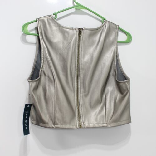 Kirious Womens Metallic Silver Faux Leather Crop Top Back Zip Sleeveless L NWT - Picture 2 of 9