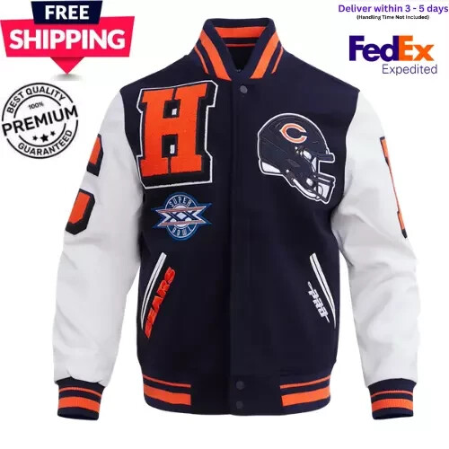 NFL Chicago Bears Wool Leather Navy Blue Varsity Letterman Football Men's Jacket - Picture 1 of 10