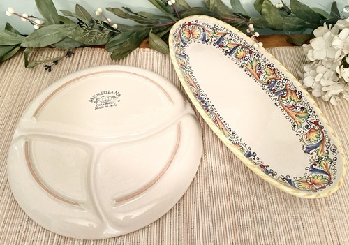 Vintage Handpaintd Mediana Ceramiche Italy Serving Set Oval Bowl & 3-Sec Platter - Picture 6 of 8