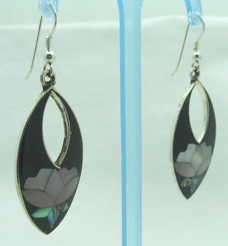 LOVELY 1989 ALIA ONYX, MOTHER OF PEARL & ABALONE STERLING SILVER DANGLE EARRINGS - Picture 5 of 8