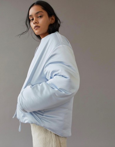 NWT UO URBAN OUTFITTERS DAWN SATIN PUFFER BOMBER ZIP JACKET COAT BLUE M MEDIUM - Picture 3 of 7