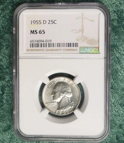 1955 D NGC MS 65 Washington Silver Quarter, Gem MS 65 Silver 25-Cent Coin