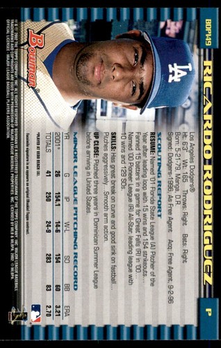 2002 BOWMAN DRAFT PICKS & PROSPECTS RICARDO RODRIGUEZ LOS ANGELES DODGERS - Picture 2 of 2